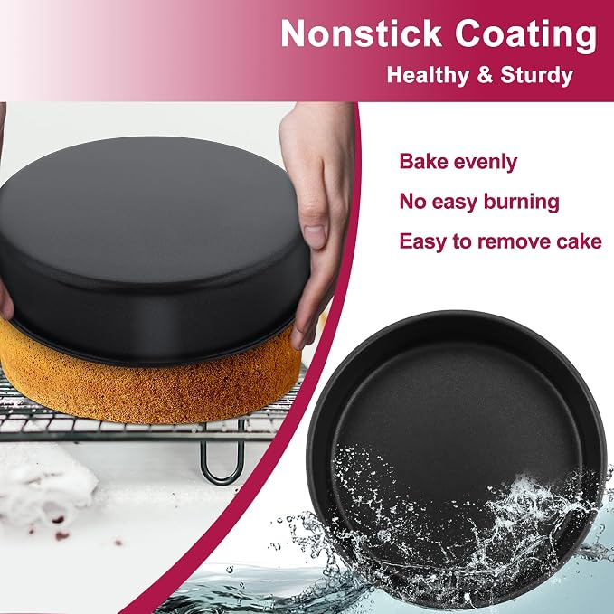 E-far Cake Pan Set of 4 (4 inch/6 inch/8 inch/9½ inch), Nonstick Round Baking Cake Pans for Tier Birthday Wedding Cake, Stainless Steel Core & Non-Toxic Coating, 2 Inch Deep (Black)