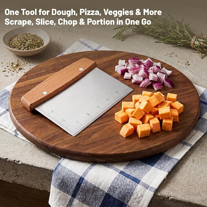 Chumia 2 Pcs Bench Scraper Stainless Steel Dough Cutter with Measurement Marks and Wooden Handle Multipurpose Bread Pizza Food Griddle Scraper Dishwasher Safe for Baking Cooking Pastry Cake