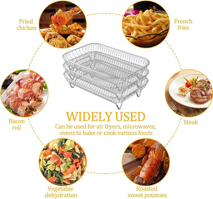 Air Fryer Rack Accessories for Ninja Dual Basket, 3 Layers, 304 Stainless Steel Stackable Bacon Air Fryer Accessories for Ninja AF300UK, Salter/Instant/EMtronics, with Clip