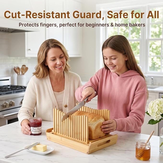 Bamboo Bread Slicer with Cutting Board For Homemade Bread, Adjustable bread slicer with 304 Stainless Steel Butter Scraper, Compact,