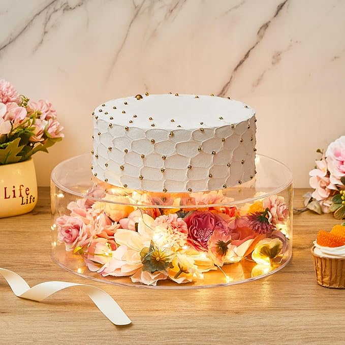 Sunnyray 2 Pcs Acrylic Cake Stands for Dessert Table Clear Fillable Cake Riser Cupcake Tier with LED Strings for Birthday Wedding Holiday Party Display(12'', 16'')