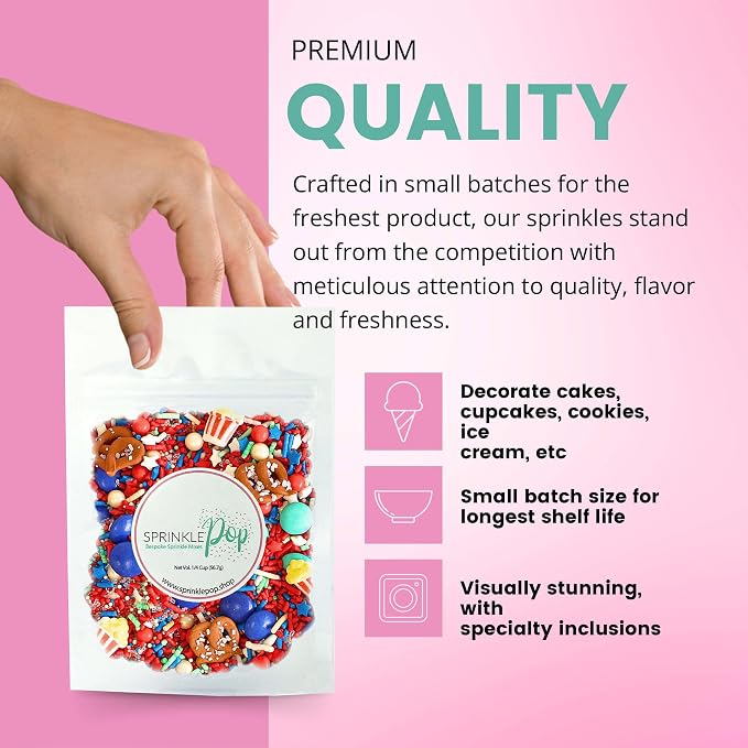 Sprinkle Pop Fairground Faves Sprinkle Mix, with ~6 Pretez & Popcorns, 2oz | fourth of July, independence, memorial, labor, veterans & patriotic day cake, cupcakes, cookies, ice cream dessert decoration