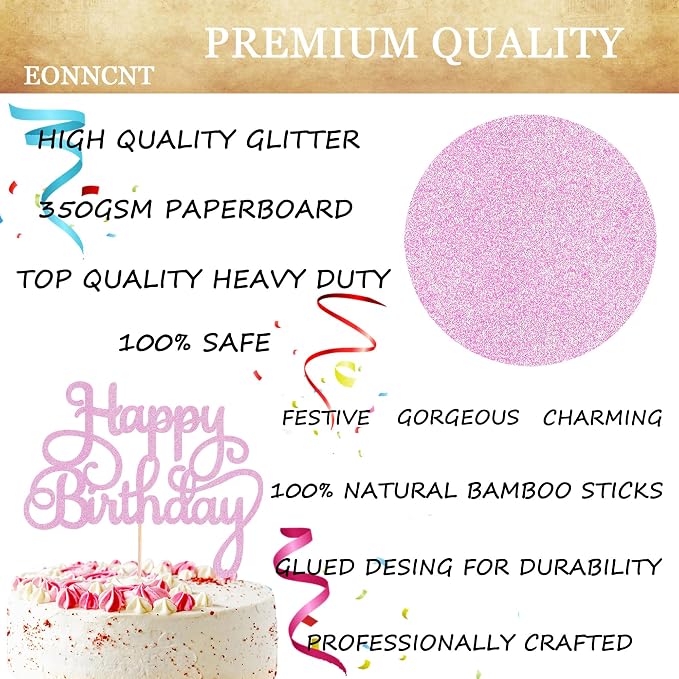 Happy Birthday Cake Topper - Pink Glitter Birthday Party Cake Decoration Supplies, Photo Booth Props