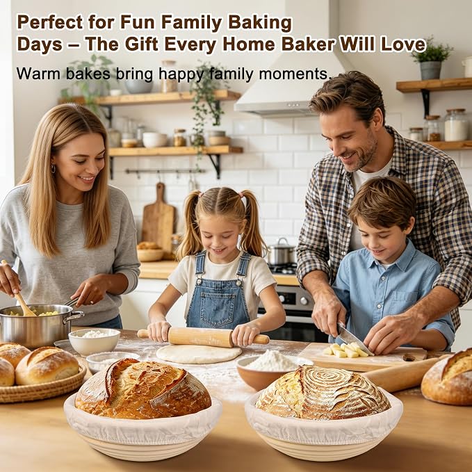 Banneton Bread Proofing Basket for Sourdough & Baguettes, 9 Inch Round Natural Rattan Bread Basket with Washable Linen Liner