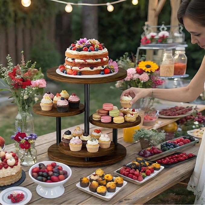 Cupcake Holder for 50 Cupcakes Wood Cake Stand with 4 Tiered Serving Tray 360°Rotating Dessert Stands Round Cookie Trays for Parties Wedding Baby Shower Afternoon Tea Dessert Table, Walnut