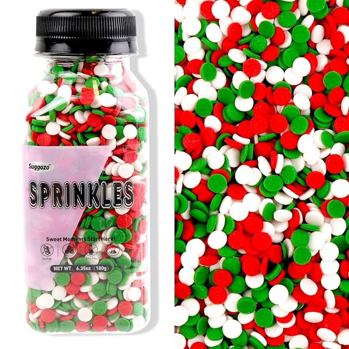 Christmas Sprinkles, Edible Confetti Round, Edible Christmas Sprinkles for Cake Decorating, Cupcake, Cookies, Baking Cake Decoration, Cupcake Toppers, Party Supplies,180g/6.35oz(Red Green White)