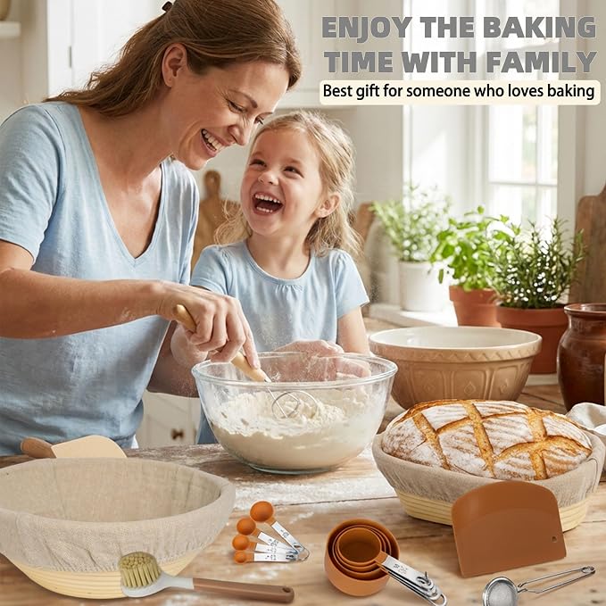 LOCONHA Sourdough Starter Kit, Sourdough Bread Baking Supplies Making Tools, Includes Round & Oval Banneton Bread Proofing Basket, Sling, Jar, Whisk, Scrapers, Stencils & Bag