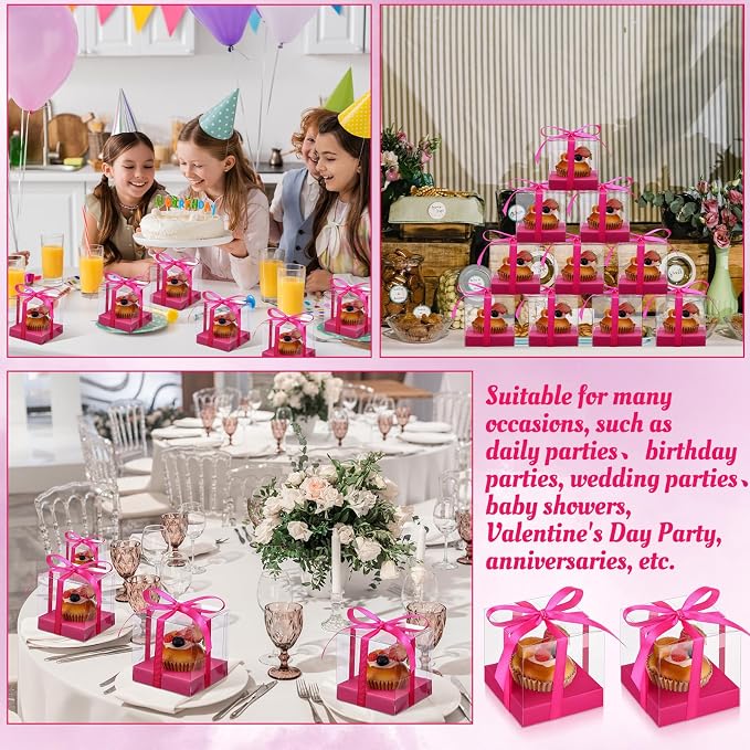 Thenshop 50 Pcs Clear Cupcake Boxes Individual 3.5 Inch Plastic Single Cupcake Containers Boxes with Inserts and Ribbon Individual Cake Storage Holders for Cake Kitchen (Hot Pink)