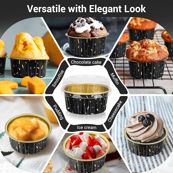 EUSOAR Disposable Ramekins with Lids, 400pcs 5oz Aluminum Foil Cupcake Liners Ramekins Cups for Baking, Dessert Cups Aluminum Cheesecake Pan Creme Brulee Baking Cups for Oven-Black Meteor Shower
