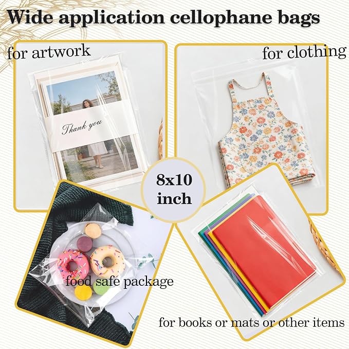 100 pcs Clear 8" x 10"(19.8*25 cm) Self Seal Cello Cellophane Bags Resealable Poly Bags 1.4 mils OPP Plastic Sleeves ,Clear bags for packaging Photos,Mats, Treats, T Shirts, Party Favors, Gifts