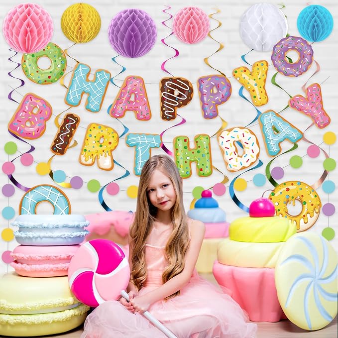 Pasimy 34 Pcs Donut Happy Birthday Banner Donut Party Decorations Doughnut Grow Hanging Swirls Candyland Wall Decor Honeycomb Balls and Dot Garland for Doughnut Birthday Baby Shower Party Supplies