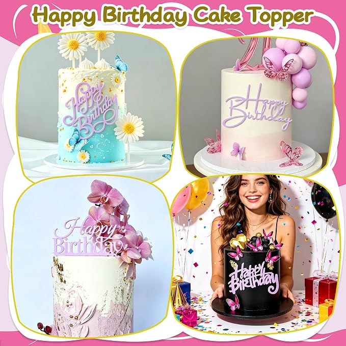24 PCS Purple Happy Birthday Cake Toppers Cupcake Toppers | Purple Cake Topper Acrylic Side Cake Decorations for Women Girls Princess Multi Sized Party Birthday Anniversary 8 Styles