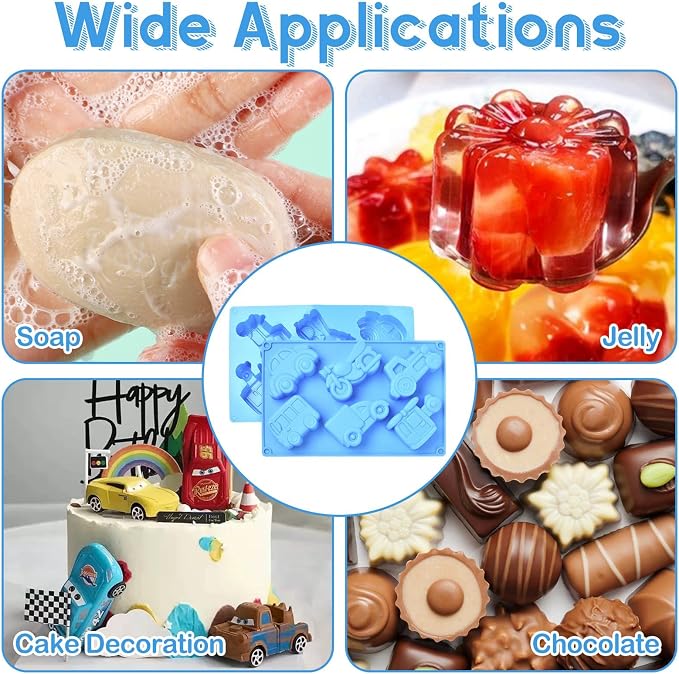 Ipotkitt Blue Car Theme Silicone Molds Vehicle Bus Transportation Candy Molds for Candy Chocolate Jelly Cake Ice Crafts, 2pcs, 6 Cavities