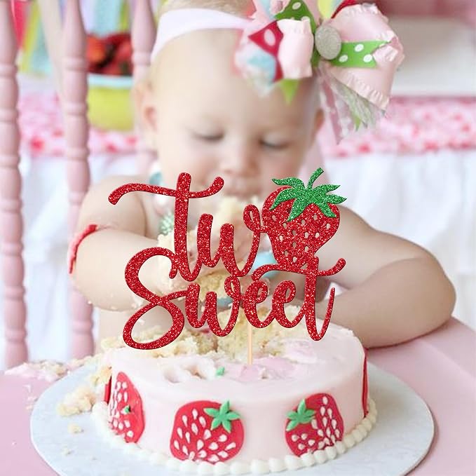 1 PCS Two Sweet Strawberry Cake Topper Red Glitter Strawberry Sweet Two Cake Pick Berry 2nd Birthday Cake Decoration for Strawberry Theme Baby Shower Kids Second Birthday Party Decorations Supplies