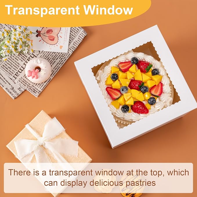 5 Pack Cake Boxes 12 Inch, 12x12x8 Inches Tall Cake Large Box, Disposable Cakes Transport Containers with Lids, Bakery Boxes with Large Window, for Cookies Pies Cupcakes Pastry-Wedding, Birthday,Party