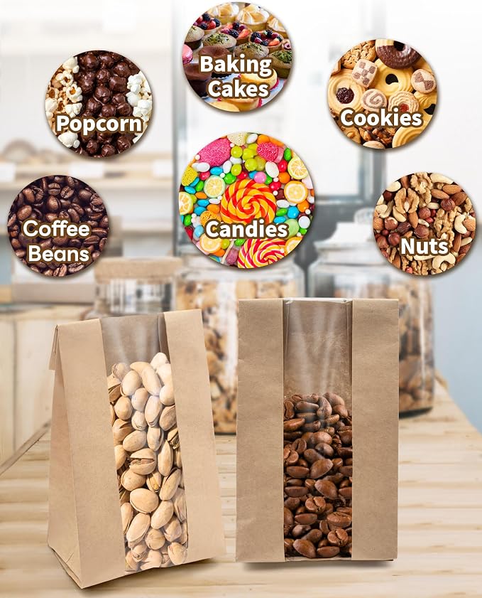 Bake Choice 50 PCS Small Cookie Bags with Seal, 3.5"x 2.3"x7.5" Kraft Brown Paper Bags with Stickers, Bakery Bag for Snack, Cupcake, Coffee Bean, Party Favor, Cookie Packaging