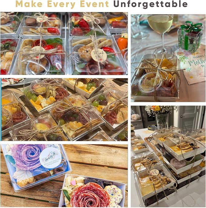 Leafiew 50 Pack Small Charcuterie Boxes with Clear Lids - To Go Paper Mini Charcuterie Box, Disposable Food Containers, 5Inch Dessert Boxes - Sandwich, Cookie, Sushi, Cake Slice, Strawberries (White)