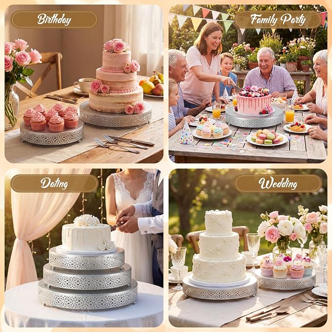 Wenqik 3 Pcs Cake Stand 16'' 14'' 12'' Round Metal Cake Stand Bases Display Holder Cookies Serving Tray Display Plate Cupcake Dessert Pastry Riser for Wedding Birthday Party(Vintage Style, Silver)