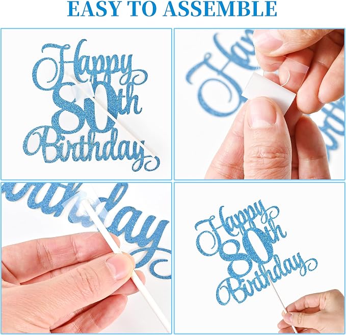 80th Birthday Cake Decorations, 80th Birthday Candles Cake Numeral Candles and Glitter Happy 80th Birthday Cake Toppers Set for Birthday Party Supplies (Blue)