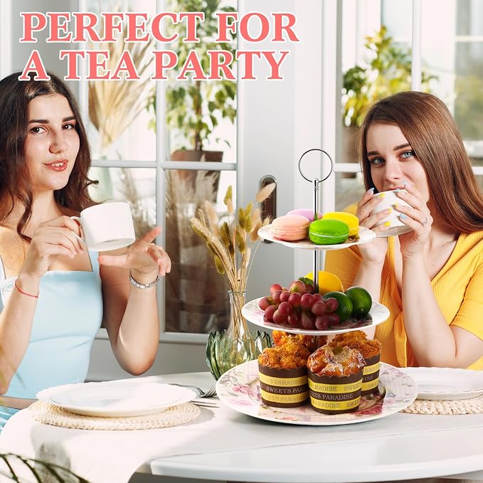 Dandat 4 Pcs 3 Tier Cake Stand Floral Ceramic Afternoon Serving Tray Porcelain Dessert Stand 6" 8" 10" Cake Stand 3 Tier Serving Platter for Tea Party, Wedding and Birthday, 4 Colors