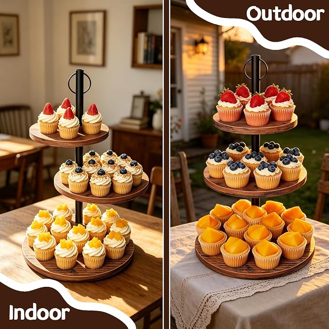 Cupcake Stand, 3 Tier Cake Stands Rustic Wood Cupcake Tower Round Tiered Tray Stand for Dessert Table Display, Industrial Wooden Serving Stand Wedding, Graduation and Baby Shower