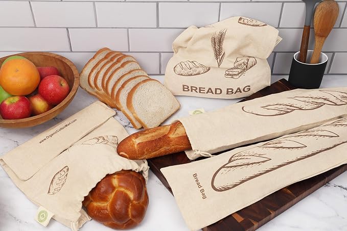 Reusable Bread Bags for Homemade Bread - 100% Organic Linen - 2 Large and 2 Extra Large Reusable Cloth Storage Bags with Drawstring for Sourdough and Baguette - Ideal Gift for Bakers