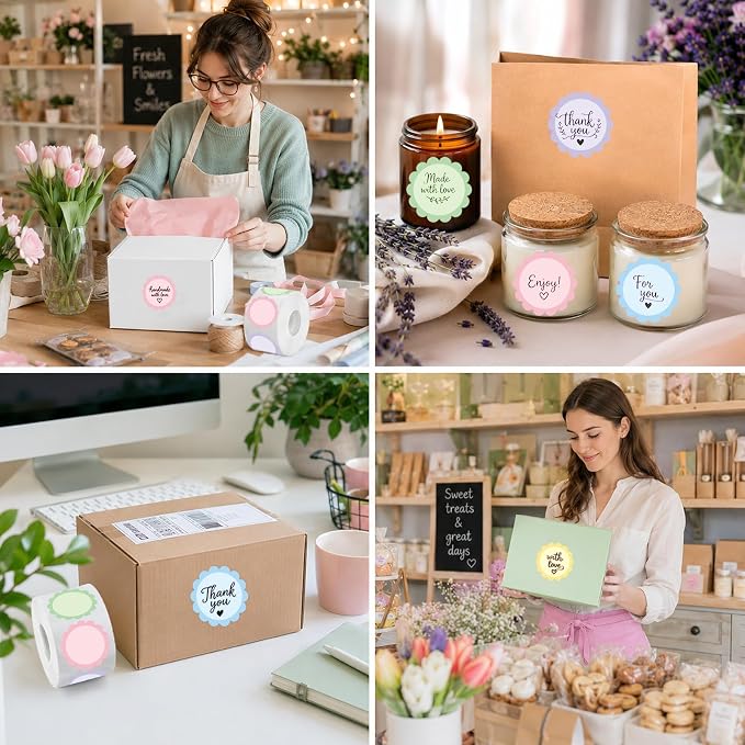 500 Pcs 2.25" Round Thermal Labels, Scalloped Multi-Colors Blank Circle Sticker for Small Business, Bakery Packaging, Waterproof for Direct Thermal Label Printers (5 Colors Dual-Tone)
