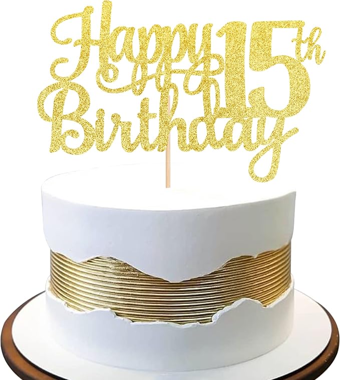 1 PCS Happy 15th Birthday Cake Topper Gold Glitter Cheers to 15 Years Birthday Cake Pick Mis Quince 15 Fabulous Cake Decoration for Happy 15th Birthday Theme Party Decorations Supplies