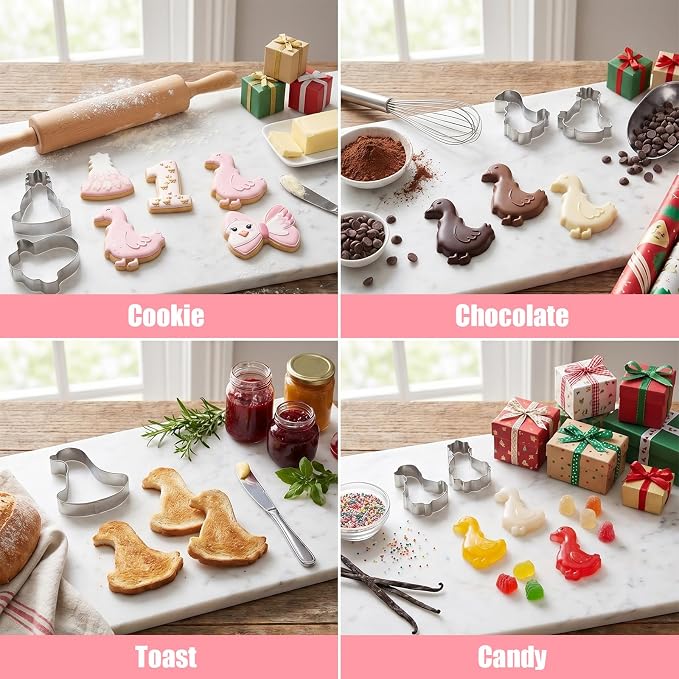 7pcs Duck Cookie Cutter - Stainless Steel Goose Cookie Cutter For Baby Shower First Birthday Party Supplies - Cute Goose Bow Hat Balloon Shapes One Birthday Cookie Cutters