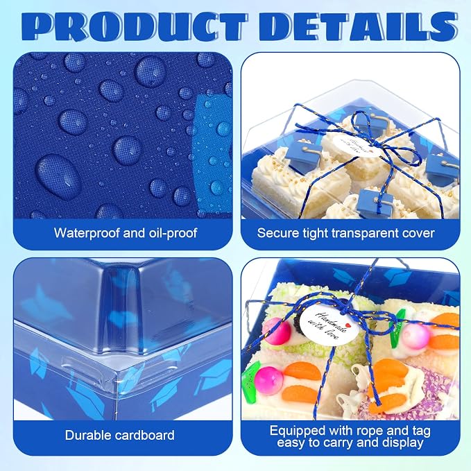 Outus 100 Pack Graduation Party Paper Food Containers Blue Charcuterie Boxes with Clear Lids, 5.7 x 5.1 '' Graduation Party Supplies Cake Take out Bakery Boxes with Gift Tags Rope for Desserts Cake