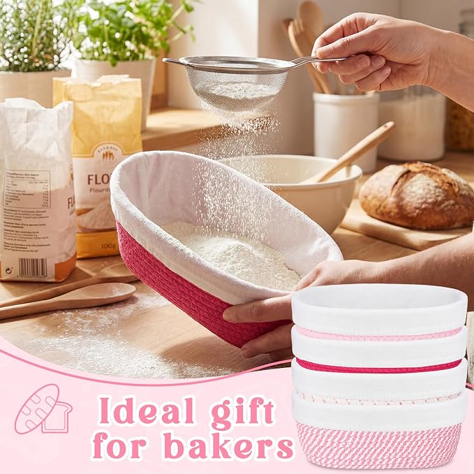 4 Pcs 10 Inch Tones Cotton Rope Banneton Bread Proofing Basket Set Oval Banneton Basket Sourdough Bread with Liners Covers for Baking Supplies (Pink)