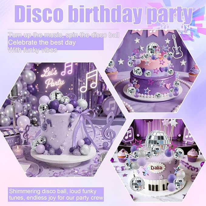 MEMOVAN Purple Disco Ball Cake Topper Singer Stars Cake Decorations | Kpop Cake Topper Popular Singer Birthday Cake Decorations Disco Ball Cake Decoration for Pop Music Disco Bachelorette Party