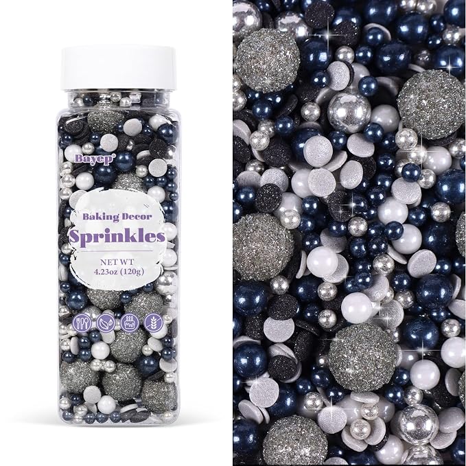 Black & Silver Sprinkles for Cake Decorating 4.23ounce - Sparkle Pearl Candy for Cupcake Toppers, Ice Cream, Candy, Cookie Decorations - Silver Sprinkles for Princess Bridal Shower Wedding Party