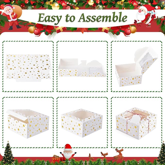 12Pcs 8"x6"x2.5" Christmas Cookie Boxes with Window, White Bakery Boxes for Cookie, Treat Boxes Pastry Boxes for Gift Giving, Chocolate Covered Strawberries, Dessert, Donut, Cupcakes Muffins