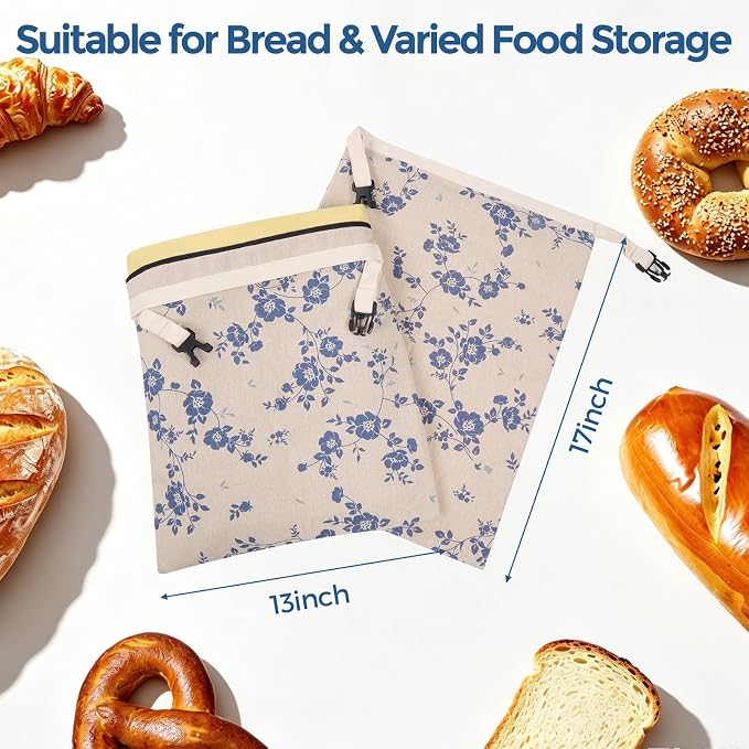 YARRAMATE Reusable Beeswax Bread Bags for Homemade Bread & Sourdough, 2 Pack XL 17x13in Linen Organic Bread Storage Bags with Zipper for Loaf, Baguette and Sandwich Bread, Freezer Safe, Blue Floral