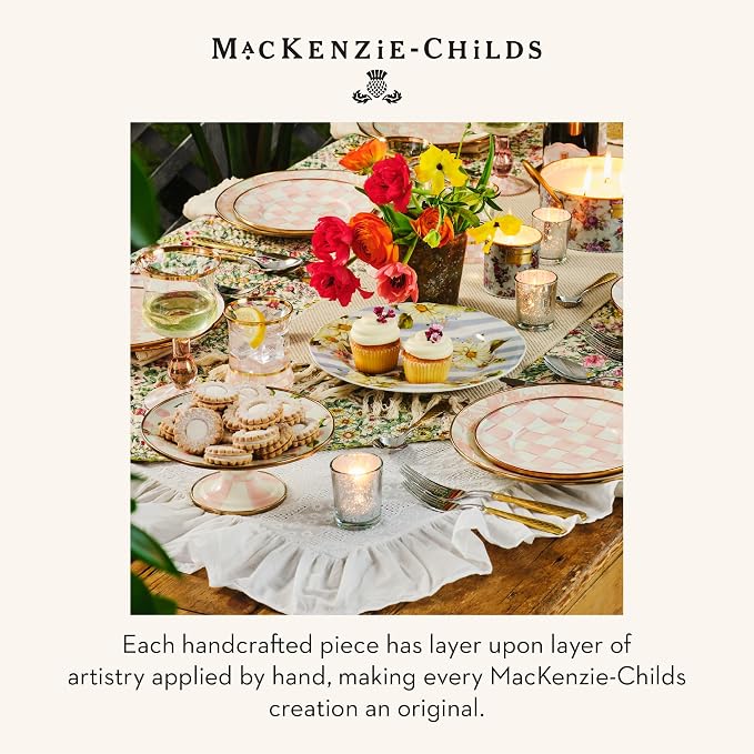 MACKENZIE-CHILDS Enamel Pedestal Platter, Round Cake Stand, Mini, Pink-and-White Rosy Check