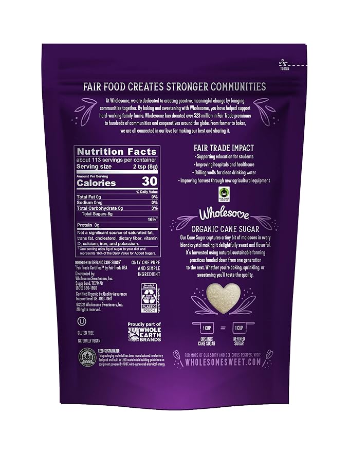 Wholesome Sweeteners 32-Ounce Organic Cane Sugar, Fair Trade, Non GMO, Gluten Free, Pure & Vegan, for Baking and Sweetening, 6 Pack