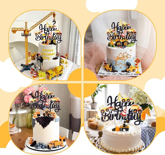 Construction Theme Happy Birthday Cake Topper Glitter Construction Cake Pick Dump Truck Excavator Tractor Cake Decorations Vehicles Cake Topper for Kids Birthday Baby Shower Party