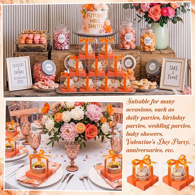 Thenshop 50 Pcs Clear Cupcake Boxes Individual 3.5 Inch Plastic Single Cupcake Containers Boxes with Inserts and Ribbon Individual Cake Storage Holders for Cake Kitchen(Orange)