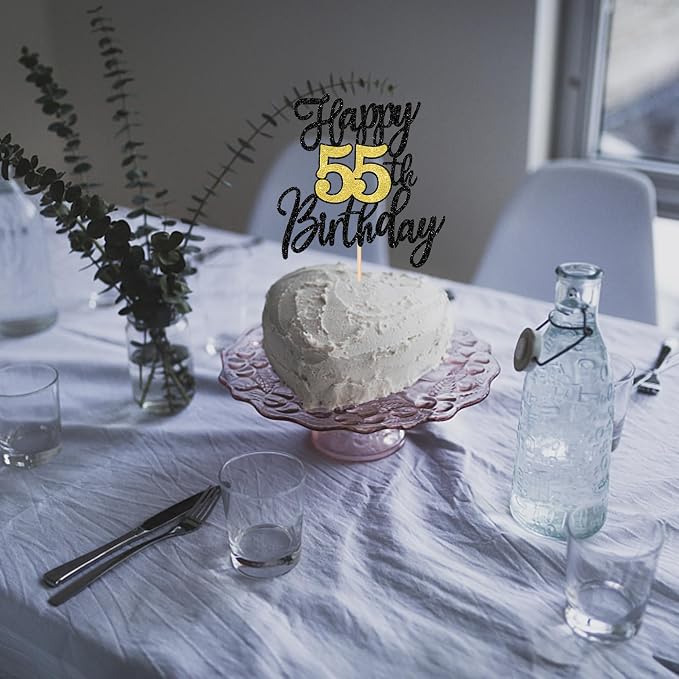 1 PCS Happy 55th Birthday Cake Topper Black Gold Glitter Cheers to 55 Years Birthday Cake Pick 55 Fabulous Cake Decoration for Happy 55th Birthday Anniversary Party Decorations Supplies