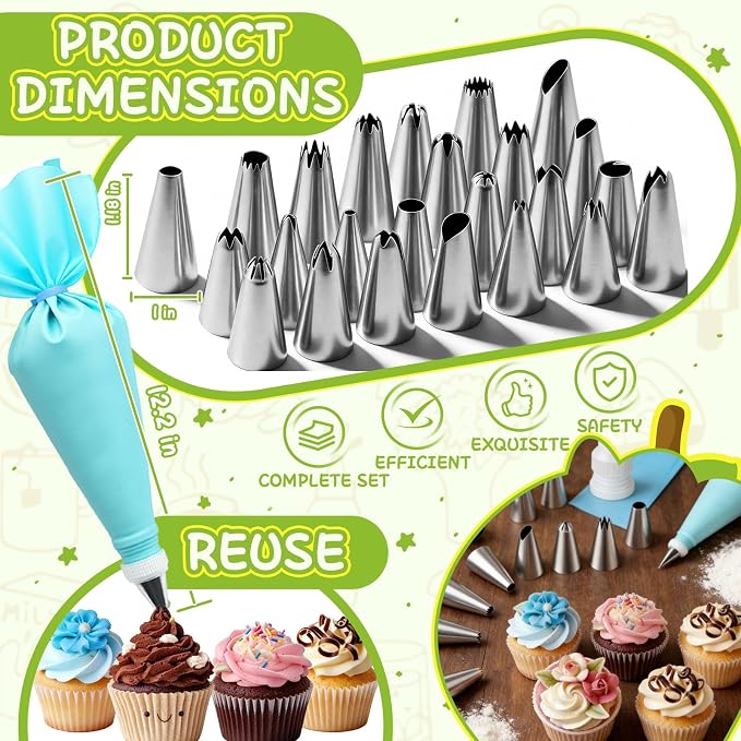 Hendiy Piping Tips, 26 Pieces Stainless Steel Frosting Piping Kit | Reusable Piping Bag, Coupler Included, Cake Decorating