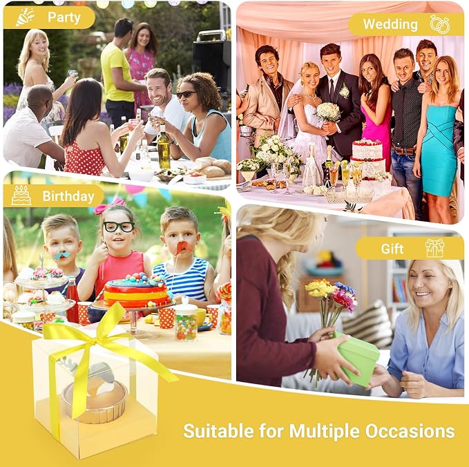 EUSOAR Clear Cupcake Boxes, 12 Pack 3.5 Inch Plastic Individual Transparent Cupcake Containers with Ribbon, Pastry Muffins Gift Holder Clear Disposable Cake Carriers Display for Wedding Party Bakery