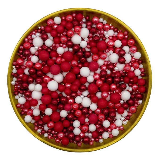 Edible Red Series & White Sugar Pearls Sprinkles Candy Mix Size Pearls Cake Decorations Cupcake Toppers Decorating Perfect for Wedding Party Valentine Supplies 4.58OZ