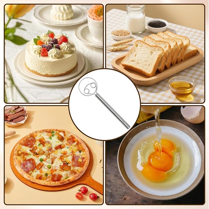 2 Pcs Danish Dough Whisk, 304 Stainless Steel Hook Dutch Hand Whisk for Sourdough Bread Wooden Handle Dough Mixer, Baking Supplies for Cake Pizza Kitchen Tools