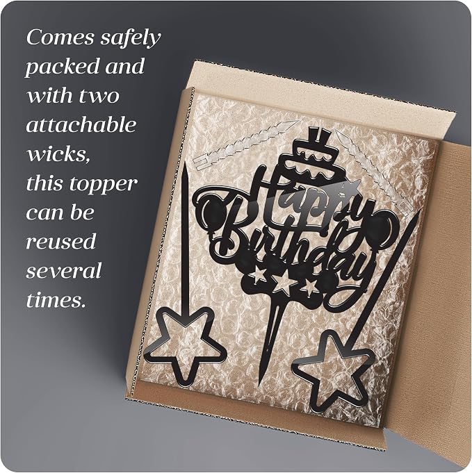 Happy Birthday Acrylic Cake Topper Candle, Black, 2 Wicks