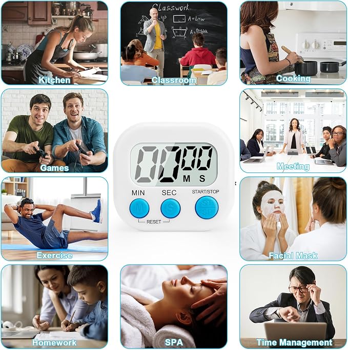 6 Pack Digital Kitchen Timer Multi-Function Magnetic Timers Classroom Timer for Kids Loud Alarm Big LCD Display Electronic Count Up Countdown Timers for Cooking, Classroom, Exercise, Study, Meeting