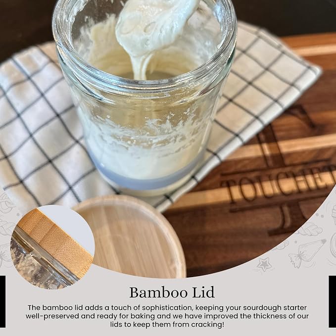 Sourdough Starter Jar (32oz) | Sourdough Starter Kit | Thick, Durable Glass w/Bamboo Lid | 6.5” x 4" | Wide Mouth Glass Jar for Sourdough with Wooden Spoon & Silicone Measuring Band