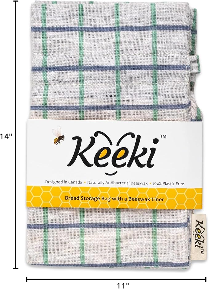 Keeki Bag - The Original Beeswax-Lined Bread Storage Bag (Blue) | Plastic-free Beeswax Wrap Alternative w/ Wide Drawstring Closure, Breathable, Washable Linen for Homemade Artisan Bread