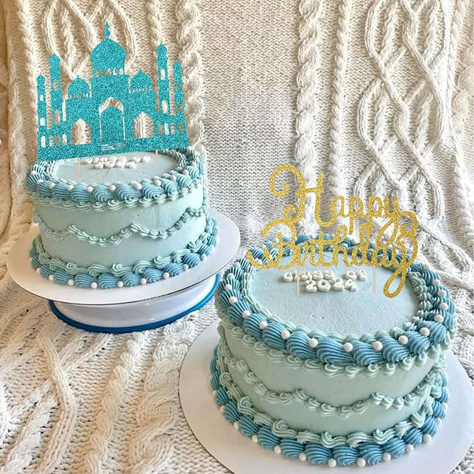2Pcs Lake Blue Princess Cake Toppers Glitter Happy Birthday Cake Picks Castle Decorations for Girls Princess Birthday New Year Party Supplies