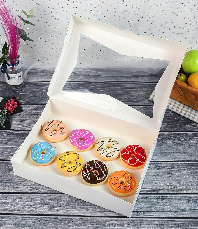 ONE MORE 14 x10 x 3inch White Lock Corner Window Bakery Cookie Boxes, Large Paperboard Container with PVC Windows for Pie, Pack of 12